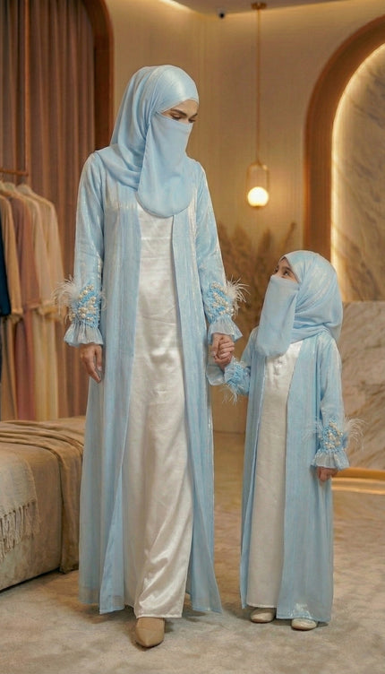 Mother & Daughter Ice Blue Shimmer Organza Abaya Set | Luxury Armani Satin Inner with Pearl & Feather Embroidery