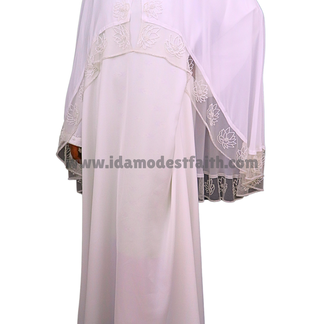 Imported Korean Nida white cape Abaya with flower handwork