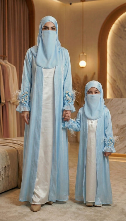 Mother & Daughter Ice Blue Shimmer Organza Abaya Set | Luxury Armani Satin Inner with Pearl & Feather Embroidery