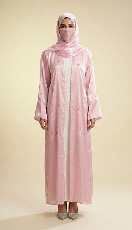 Blush Pink Jacket Abaya with Cutdana & Sugar Bead Handwork | Ready to Ship