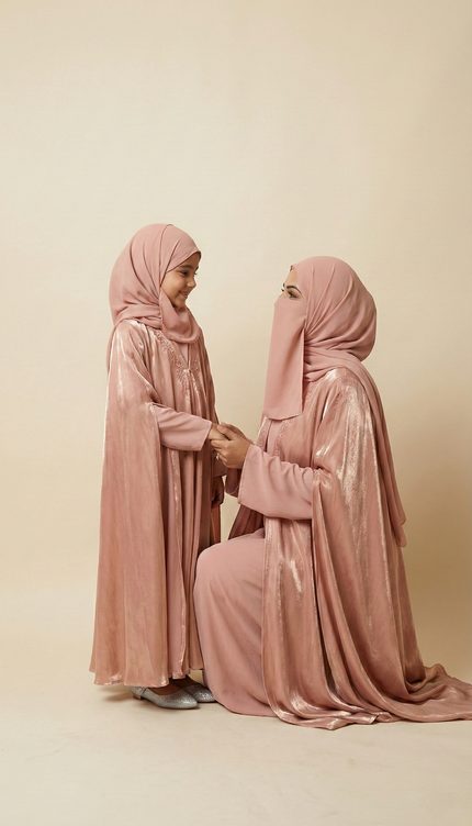 Rose Gold Farasha Mother & Daughter Matching Abaya Set | Luxury Shimmer Nida & Fendi Organza | Eid & Wedding Wear