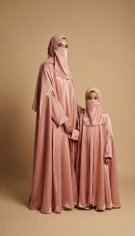Rose Gold Farasha Mother & Daughter Matching Abaya Set | Luxury Shimmer Nida & Fendi Organza | Eid & Wedding Wear