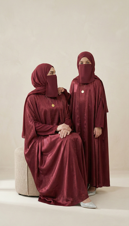 Maroon Mother & Daughter Matching Abaya Set | Luxury Shimmer Nida Combo