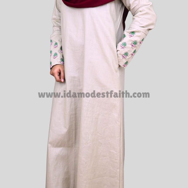 Fancy Small Flower Motif Embroidered Abaya – A Perfect Harmony of Style & Comfort  a premium blend of imported linen fabric